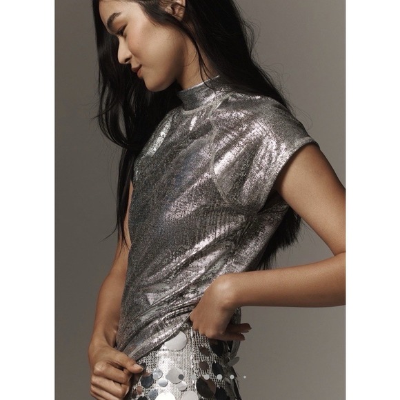 Pilcro Tops - Pilcro Metallic Silver Mock Neck Cap Sleeve Top Small Party Cocktails Wedding